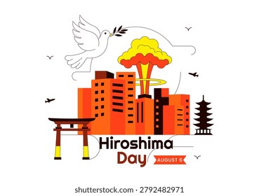 Hiroshima Day Vector Illustration Featuring Peace Dove, Nuclear Remembrance, Atomic Bomb Memorial, Peace Advocacy, and August 6 Commemoration