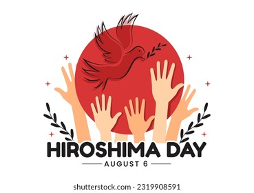 Ilustración vectorial por el Día de Hiroshima el 6 de agosto con fondo de avispa y explosión nuclear en caricaturas planas con plantillas dibujadas a mano