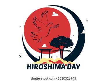 Ilustração do vetor do dia de Hiroshima em 6 de agosto, apresentando uma Pomba da Paz simbolizando a paz e uma explosão nuclear para comemorar o evento histórico