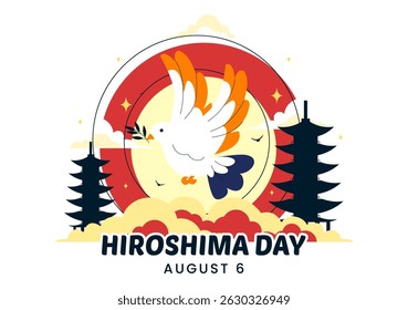 Ilustração do vetor do dia de Hiroshima em 6 de agosto, apresentando uma Pomba da Paz simbolizando a paz e uma explosão nuclear para comemorar o evento histórico