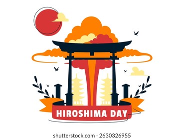 Ilustração do vetor do dia de Hiroshima em 6 de agosto, apresentando uma Pomba da Paz simbolizando a paz e uma explosão nuclear para comemorar o evento histórico