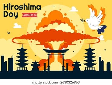 Ilustración vectorial del Día de Hiroshima el 6 de agosto, con una paloma de la paz que simboliza la paz y una explosión nuclear para conmemorar el evento histórico