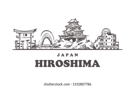 Hiroshima sketch skyline. Hiroshima, Japan hand drawn vector illustration. Isolated on white background. 