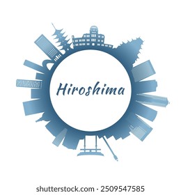 Hiroshima skyline with colorful buildings. Circular style. Stock vector illustration.