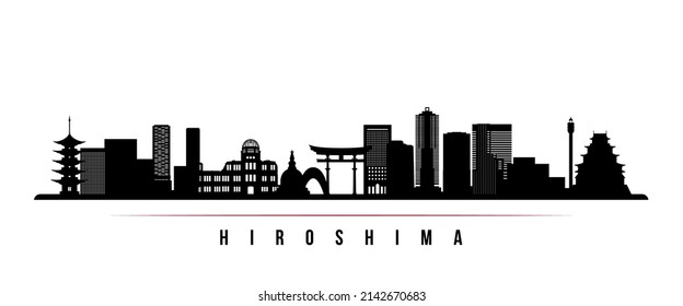 Hiroshima skyline horizontal banner. Black and white silhouette of Hiroshima, Japan. Vector template for your design. 