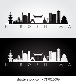 Hiroshima skyline and landmarks silhouette, black and white design, vector illustration.