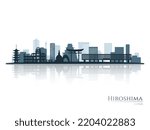 Hiroshima skyline silhouette with reflection. Landscape Hiroshima, Japan. Vector illustration.