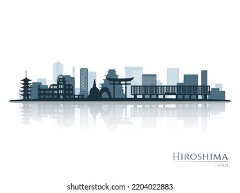 Hiroshima skyline silhouette with reflection. Landscape Hiroshima, Japan. Vector illustration.