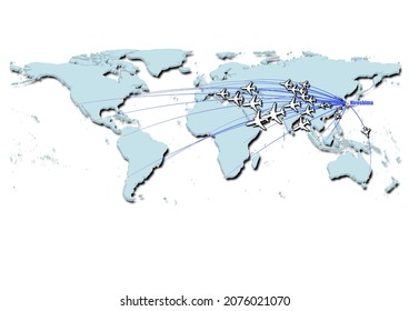 Hiroshima-Japan in concept vector illustration, map showing flights from Hiroshima-Japan to major cities around the world.