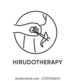 Hirudotherapy or Leeching emblem in thin line- hand with tweezers holds leech - isolated vector thin-line medical therapy emblem. Vector emblem