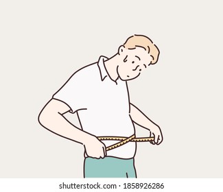 His belly is measured with a tapeline. Hand drawn style vector design illustrations.