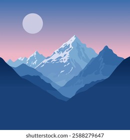 his captivating illustration features a serene mountain landscape with a large, snow-capped peak in the center, surrounded by smaller mountains.