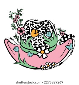 his design features a charming cowboy hat adorned with a floral bouquet in soft, pastel shades. The spring theme is enhanced by the addition of playful leopard print accents. 