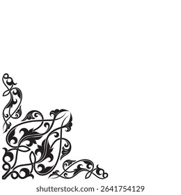 his elegant black and white floral design is ideal for decorative borders, logos, or vintage-inspired graphic designs, featuring intricate detailing and curved leaves