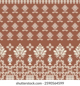 his fabric has a floral pattern. The background color is dark brown. The pattern is cream. It is a perfect blend. Suitable for use as decoration such as cushions, curtains or wallpaper.