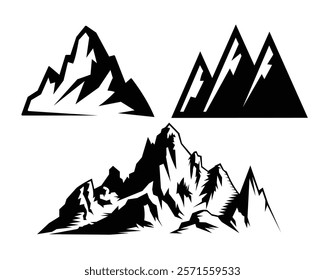 his graphic design features a collection of three distinct styles of mountain silhouettes, crafted with geometric and smooth shapes. The first two designs showcase simple and geometric styles, while t