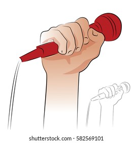 In his hand the microphone to perform on the microphone, color vector illustration on the theme of music, concert, karaoke.