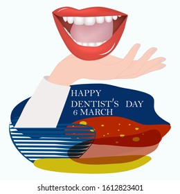 In his hand an open mouth, teeth, tongue, red lips - abstract applications - isolated on white - vector. International Dentist Day.