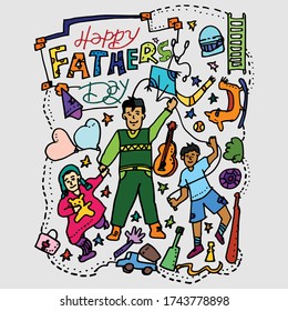 His handsome man son and daughter are partying. Happy fathers day card. Paper cut style. Vector illustration