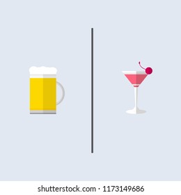 His and her things, big glass of beers and glass of pinky cocktails . With simple line divider on plain colour back ground. Square frame.