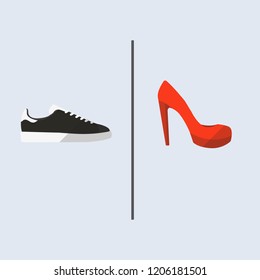 His and her things, Black and white casual sneaker and red high heel. With simple line divider.