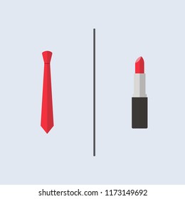 His and her things, red necktie and red lipstick. With simple line divider on plain colour back ground. Square frame.
