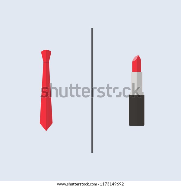 His\
and her things, red necktie and red lipstick. With simple line\
divider on plain colour back ground. Square\
frame.