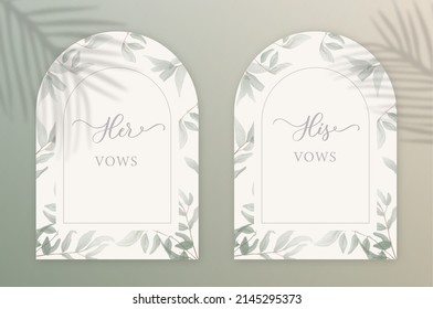 His, Her vows. Wedding invitation card background with green watercolor botanical leaves. Abstract floral art background vector design for wedding and vip cover template