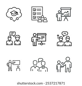 his icon pack features a collection of clean, minimalist line icons representing mentoring, coaching, training, teamwork, and collaboration concepts. Vector	