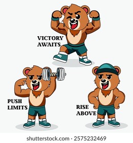 his illustration showcases three athletic bears in dynamic poses, symbolizing strength and determination. Each bear represents a motivational phrase: "Victory Awaits," "Push Limits," and "Rise Above,"