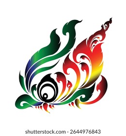 Esta imagem apresenta um gráfico vibrante e estilizado que parece ser influenciado pela arte tailandesa tradicional, especificamente o padrão tailandês Lai Thai ou desenhos Kanok.