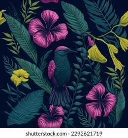 su estampado presenta un vibrante y animado tema tropical que le transportará a un exuberante y exótico paraíso. Es perfecto para su uso en diversas aplicaciones como textiles, bañeras, papel pintado, etc.