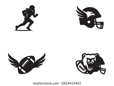 his professional vector collection features black American football silhouettes and icons, including a running player, a winged football helmet, a flying ball with wings, and a fierce bear mascot wearing a helmet. Isolated on a crisp white background, these versatile designs are perfect for sports graphics, team branding, and athletic promotional projects.

#FootballSilhouettes #AmericanFootball #SportsGraphics #FootballPlayer #WingedHelmet #BearMascot #AthleticDesign #TeamSports #FootballVector #GameDay