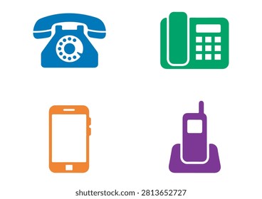 his set of four communication icons features a variety of devices and symbols representing connectivity, including vintage rotary telephones, modern office desk phones, mobile phones, and cordless handsets. With a clean, flat-design style and a vibrant color palette, these vector icons are perfect for contact pages, customer support interfaces, business websites, mobile applications, and digital communication materials that require a modern, user-friendly touch.

#CommunicationIcons #TechDesign #VectorGraphics #DigitalConnectivity #MobilePhone #ContactUs #BusinessCommunication #MinimalistIcons #TechIllustration #UserInterface