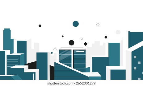 
his striking vector design showcases a dynamic interplay of geometric shapes, lines, and colors. The composition features overlapping forms, bold teal and black hues