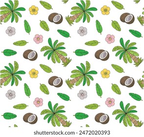 his vector illustration features a seamless tropical pattern with palm trees, coconuts, leaves, and flower