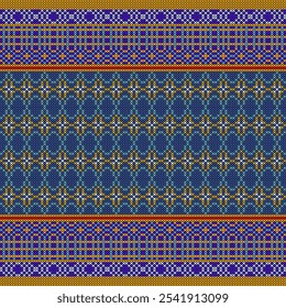 his vibrant and intricate pattern is reminiscent of traditional embroidery or weaving techniques. The design features a repeating geometric motif with squares and diamonds in a bright color palette