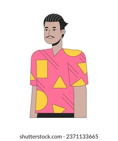 Hispanic adult man with pencil moustache 2D linear cartoon character. Latino guy in 70s inspired clothes isolated line vector person white background. Relaxed posing color flat spot illustration