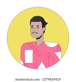 Hispanic adult man with pencil moustache 2D line vector avatar illustration. Latino guy in 70s inspired clothes outline cartoon character face. Relaxed posing flat color user profile image isolated