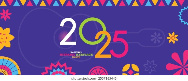 Mes de la herencia hispanoamericana 2025 feliz año nuevo. Vector Web Anuncio, cartel, tarjeta para redes sociales, redes. Saludo con el texto del mes de la herencia hispana nacional, adorno sobre fondo azul.