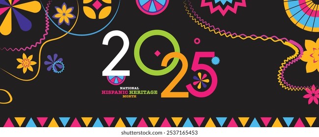 Mes de la herencia hispanoamericana 2025 feliz año nuevo. Vector Web Anuncio, cartel, tarjeta para redes sociales, redes. Saludo con el texto del mes de la herencia hispana nacional, adorno sobre fondo azul.