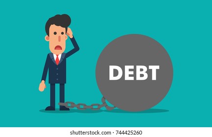 Hispanic businessman chained with large debt ball vector illustration in flat modern design isolated in turquoise background