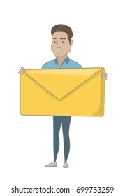 Hispanic businessman holding a big envelope. Full length of young businessman holding big envelope. Cheerful businessman with envelope. Vector sketch cartoon illustration isolated on white background.