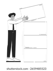 Empresário hispânico empilhando blocos para visualização de dados rabiscar caractere linear. Trabalhador de escritório latino construindo conjunto de dados 2D vetor contorno pessoa isolada. Ilustração de desenho desenhado à mão monocromática