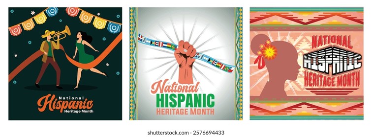 A Hispanic celebration with dancing, music, cultural decorations and a festive atmosphere. Symbolizes cultural pride, unity. Cultural heritage and diversity in a lively and meaningful way. 