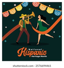 Hispanic celebration with dancing, music, cultural decorations, and festive atmosphere, honoring National Hispanic Heritage Month's rich traditions and cultural vibrancy. 