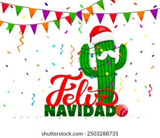 Hispanic Christmas feliz navidad banner with decorated festive cactus in Santa claus hat, flag garland, maracas, falling confetti and colorful typography. Cartoon vector vibrant holiday greeting card