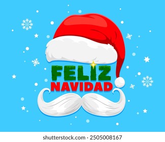 Hispanic Christmas feliz navidad banner with Santa Claus hat, mustaches, colorful typography and falling snowflakes. Cartoon vector vibrant, festive greeting card for Mexican holiday celebration