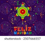 Hispanic Christmas feliz navidad posada banner with pinata, falling confetti, traditional Mexican pattern and festive colorful typography. Cartoon vector greeting card, capturing joy of holiday season