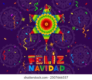 Anuncio de Navidades hispanas feliz navidad posada con pinata, confeti caída, patrón tradicional mexicano y tipografía colorida festiva. Tarjeta de felicitación de Vector de dibujos animados, capturando la alegría de la temporada navideña